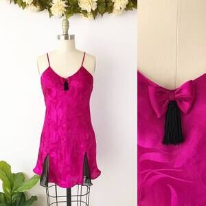 Victoria's Secret Chemise Magenta Pink Floral Jacquard Tassel Bow Vintage 90s P